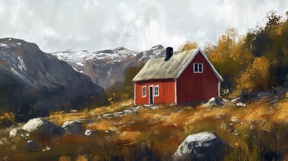 Rødt hus i nordnorsk landskap